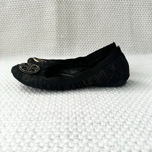 Tory Burch Black Gold Tweed Fabric Caroline Classic Reva Ballet Flats Shoes 6.5 - Picture 6 of 12